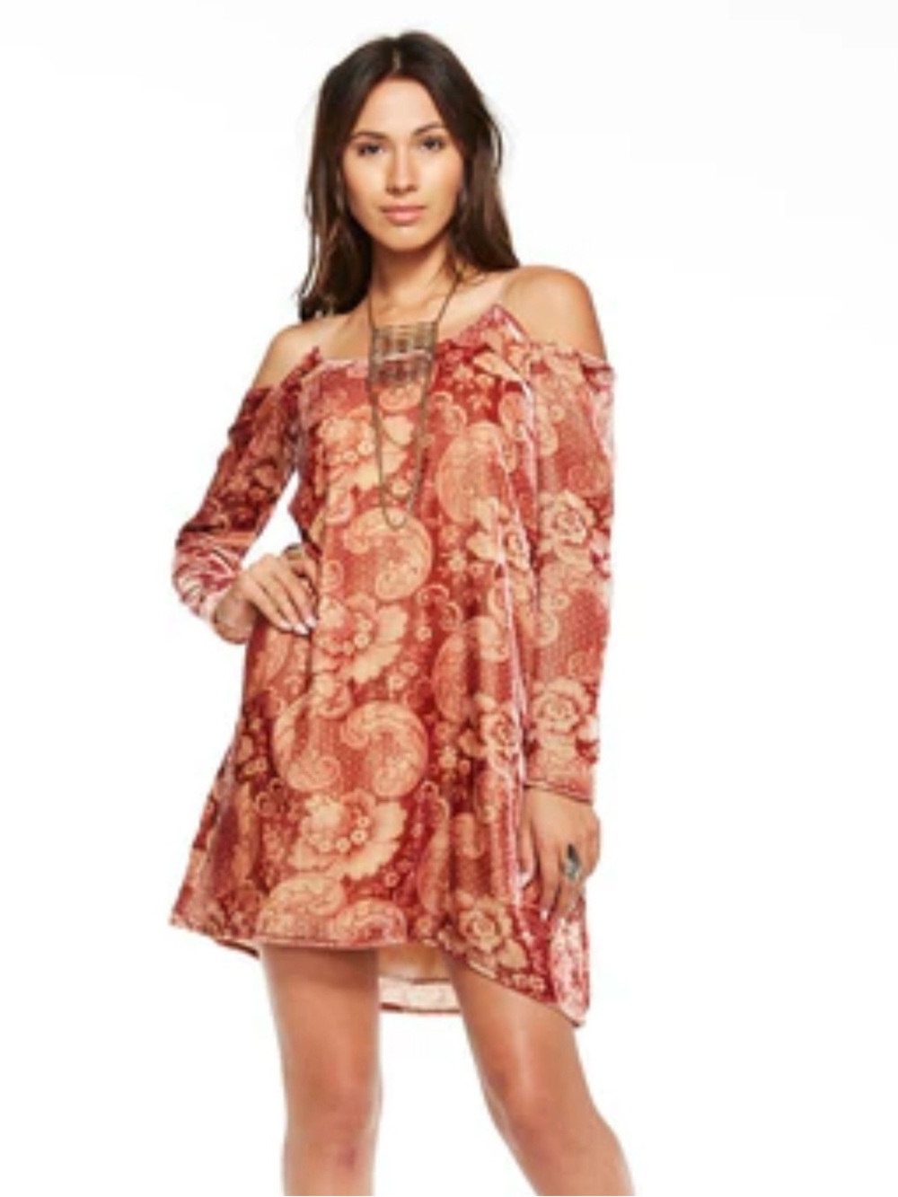 Chaser Off-Shoulder Paisley Print Mini Dress in Rust Size S 🆕